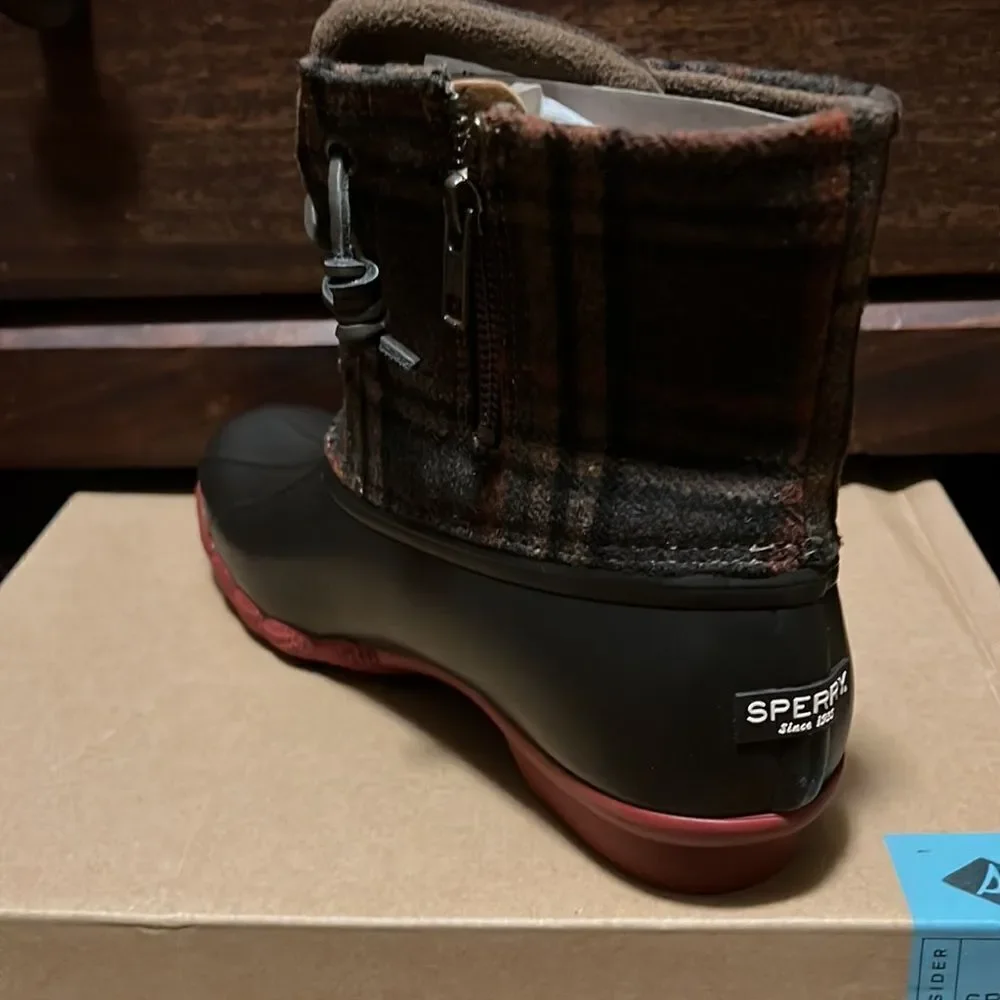 Sperry Saltwater Prints Boots Brown Plaid Fisherman‎ Core Size 8.5